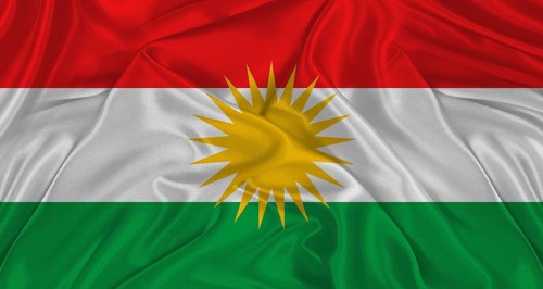 Kurdish flag with fabric texture. Realistic flag of Kurdistan waving, National flag