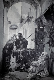 Arms dealer in Tangier at a bazaar stand, man testing a musket, 1890, Morocco, illustration,