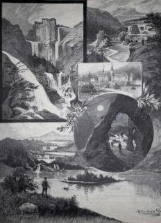 Tableau with illustrations of the Plitvice Lakes in Croatia, various waterfalls and the tourist
