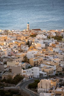 View from Ano Syros to the houses of Ermoupoli and church in the morning light, Ano Syros, Syros,