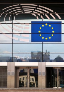 Entrance to the Altiero Spinelli building with the logo of the European Parliament, Brussels,