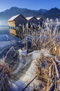 Boat huts, icy shore, lake, morning light, fog, snow, winter, mountains, Lake Kochel, Schlehdorf,