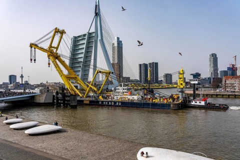 The Hebo Lift 10, supposedly the strongest crane ship in Europe, sails from the Rotterdam inland
