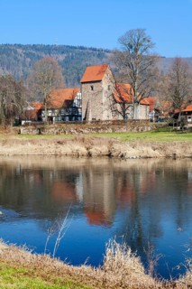 View over the Weser River to the village of Hemeln, part of Hann. Münden, district of Göttingen,