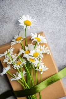 Top view of delicate daisies elegantly laid on a gift box, wrapped with a green ribbon, set against