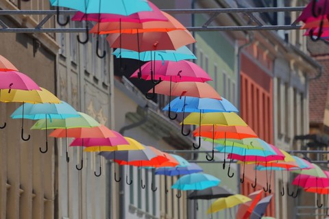 Decoration with colorful parasol, row of umbrellas, series, stony path, Eisenberg, Thuringia,