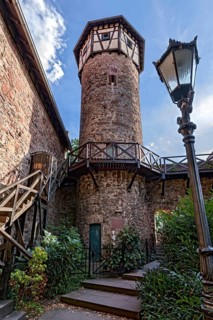 Thieves' tower with wooden staircase to the battlements of the town wall, dungeon and dungeon,
