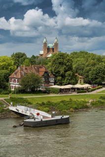 Beer garden on the Rhine and imperial cathedral, St Mary's and St Stephen's Cathedral, UNESCO World
