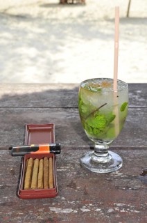 Mojito and Cuban cigars in a beach hut, Cuba, Caribbean, Central America