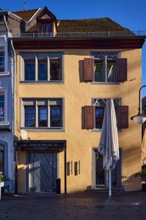 Restaurant, Tante Maja, historical building, facade, window, entrance, door, window, shutter, blue