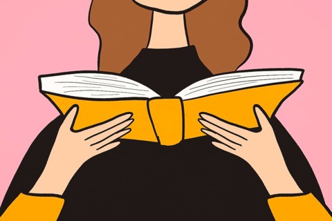 Colorful illustration depicting a smiling woman with brown hair holding an open book, set against a