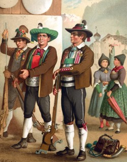 Traditional costumes in Germany around 1820, Tyrol, Ötztal, Wipptal, Pustertal, Three men in