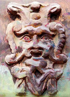 Old stone mask, face on a wall, Welf Castle of Herzberg, Herzberg am Harz, district of Göttingen,