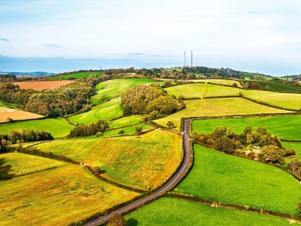 Colours of Devon Farms and Fields over Paignton and Berry Pomeroy from a drone, Totnes, England,