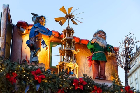 Detailed decoration on the stalls of the Striezelmarkt Christmas market, Dresden, Saxony, Germany