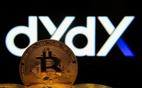 Dhaka, Bangladesh- 03 Oct 2025: Close-up of Bitcoin coins with the Dydx logo visible on a screen in