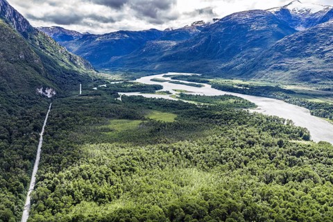 Road Carretera Austral, gravel road along river Rio Baker, north of Puerto Yungnay, aerial view,