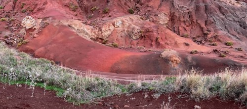 Volcanic soil, colorful soil, red, erosion, near Miradouro da Ponta do Rosto, Madeira, Portugal