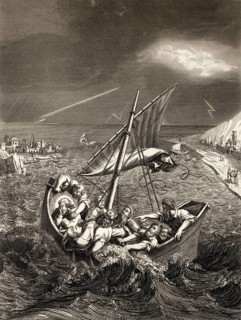 Jesus sleeps in boat during the storm, New Testament, steel engraving 1853, digitally restored