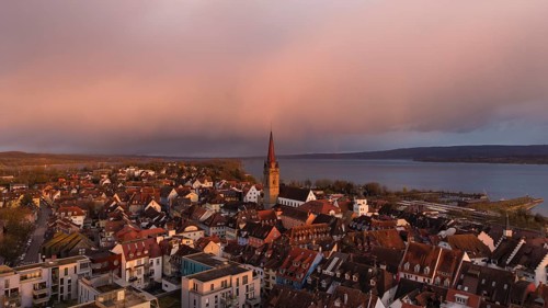 Aerial view, panorama of the town of Radolfzell am Lake Constance with the Radolfzell Minster at