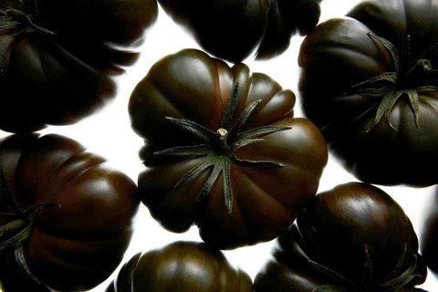 Top view of ripe heirloom black tomatoes on a light background, showcasing their rich, deep color