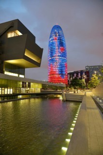 Torre Agbar, architect Jean Nouvel, at dusk, Avinguda Diagonal, Barcelona, ??Catalonia, Spain