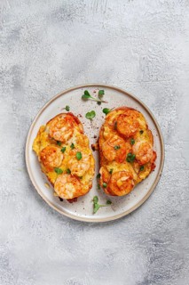 Sandwiches with shrimp and cheese, baked in the oven, with microgreens, breakfast, homemade, no