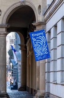 Blue flag at the entrance to the Institute for European Ethnology, Berlin, Germany