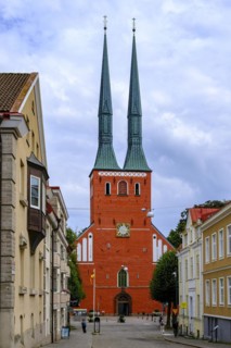 City centre scene with view of the tower facade of Växjö Cathedral, Smaland, Kronobergs län, Sweden