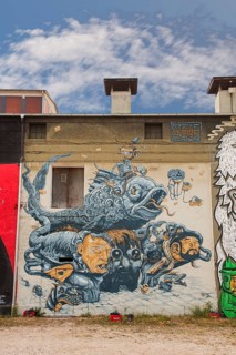 Graffiti on house wall, former cattle yard, Munich, Bavaria