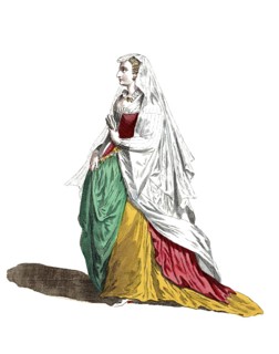 Historical clothing, fashion in the course of time, clothing of a noble lady from Rome in 1581,