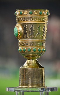 DFB Cup, trophy, on podium, DFB Cup, MHPArena, MHP Arena Stuttgart, Baden-Württemberg, Germany