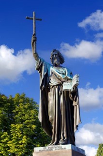 Photomontage, (M), Fulda, Germany, Bonifatius statue at Bonifatiusplatz, baroque quarter, martyr,