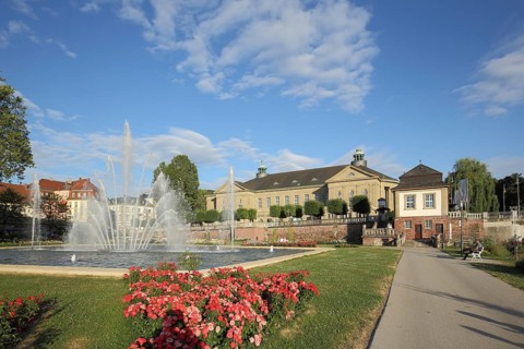 Rosenpark with water features and UNESCO neo-baroque regent building, water fountain, Bad