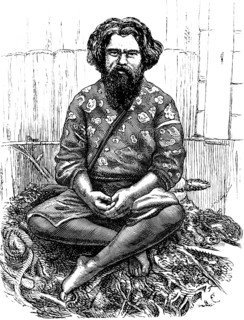 Portrait of a man from the ancient Aino tribe, one of the first settlers of Japan, dark black hair,