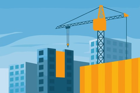 A crane is actively lifting materials at a construction site within a cityscape, surrounded by