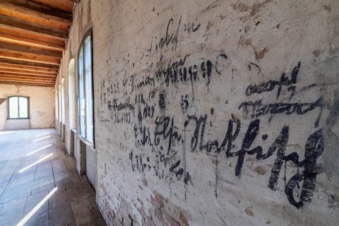 Historic inscriptions of tobacco growers at Kulturhof Uckermark in a historic tobacco warehouse in