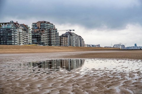 The skyline of Knokke-Heist, on the North Sea beach, dreary winter day, mostly apartment buildings
