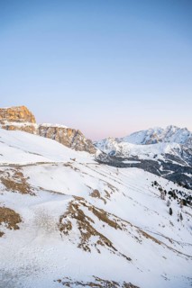 Beautiful landscape of the Mountain silhouettes of the Sexten Dolomites on a sunny winter day,