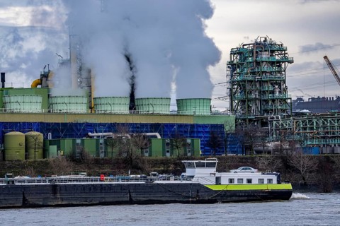 Shipping traffic on the Rhine near Duisburg-Bruckhausen, industrial setting of the ThyssenKrupp
