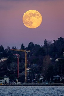 A vibrant full moon rises against a serene evening sky in Geneva, casting a warm glow over an urban