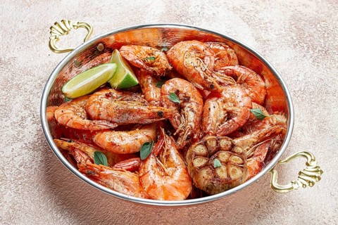 Fried tiger prawns, with spices, homemade, top view