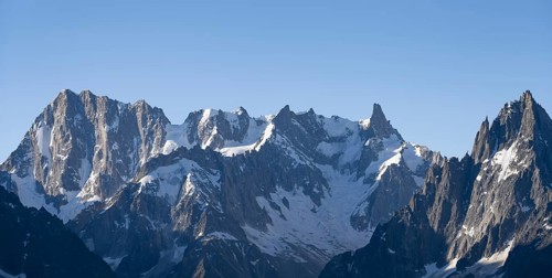 View of spectacular rocky pointed mountain peaks of the Grand Jorasses, Mont Blanc Massif,