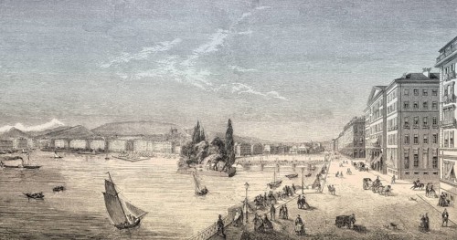 Old view of Geneva and the lake, Switzerland, 1857