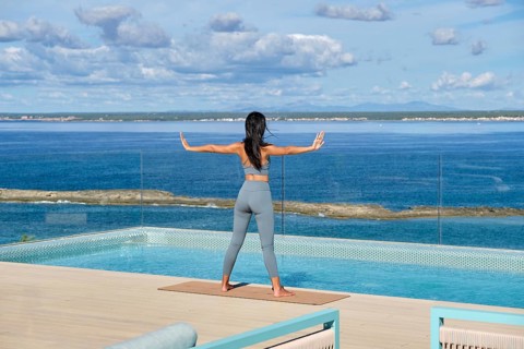 A woman practices yoga on a deck overlooking a serene ocean. She stands poised on a mat, embracing