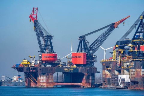 Petroleumhaven, two of the largest floating cranes in the world, Heerema Thialf and Balder are