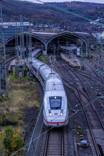 The main railway station of Hagen, station halls, tracks, platforms, ICE train, Hagen, North