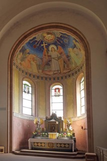 Interior view with chancel and wall painting of Carolingian monastery church of St. Michael and St.
