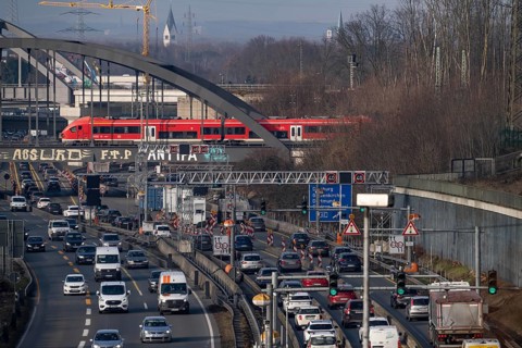 Traffic jam on the A43 motorway near Herne, heading north, in front of the barrier system, the