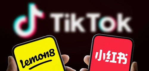 Lemon8 and Xiaohongshu (RedNote) logo is displayed on smartphone and Tiktok logo in the background